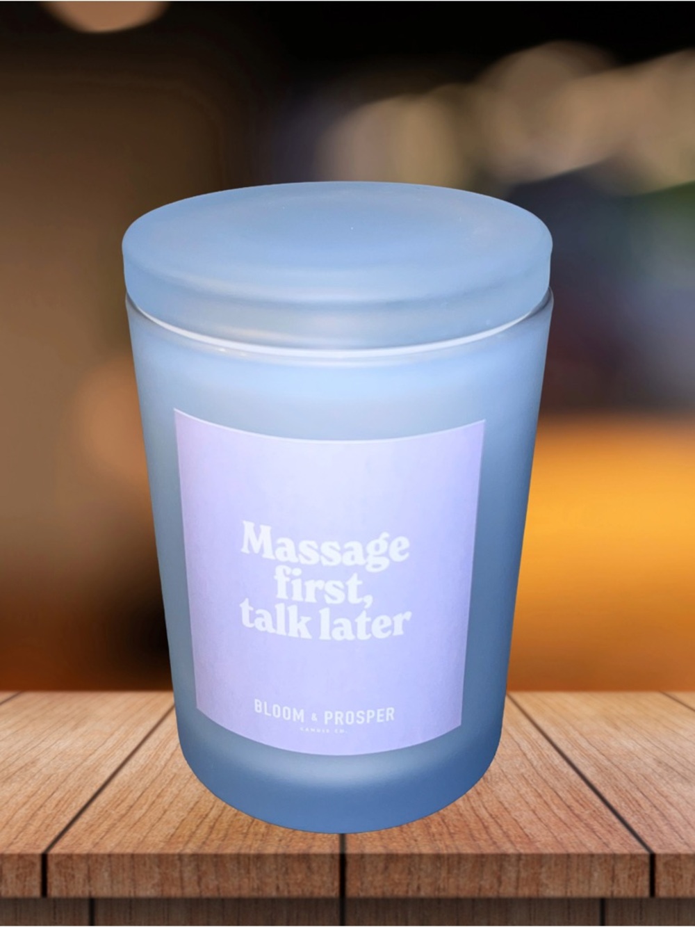 NEW! Bloom & Prosper “Massage First, Talk Later” Blue Aloe Candle with Lid 8.2oz